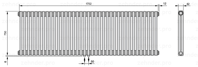 Схема (чертеж) Радиатор Zehnder Charleston 2075/37 №3470 Белый глянцевый RAL 9016